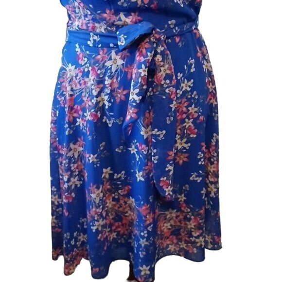 JH Blue Floral Pattern Sleeveless High Pleated Neck Dress Size 14 - Picture 3 of 10